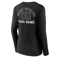 Miami Marlins Women's Monochrome Personalized Name & Number Long Sleeve V-Neck T-Shirt Black