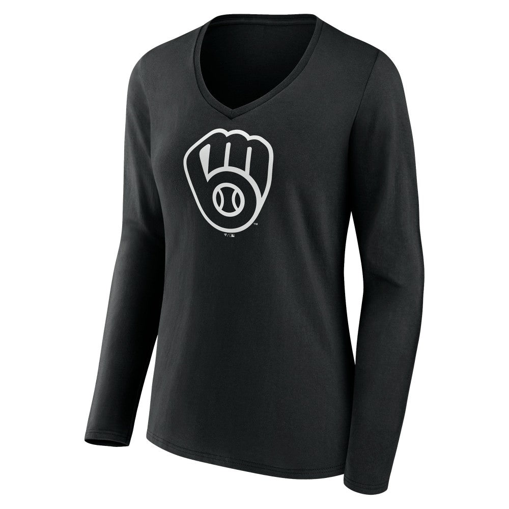 Milwaukee Brewers Women's Monochrome Personalized Name & Number Long Sleeve V-Neck T-Shirt Black