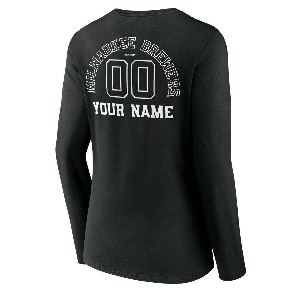 Milwaukee Brewers Women's Monochrome Personalized Name & Number Long Sleeve V-Neck T-Shirt Black
