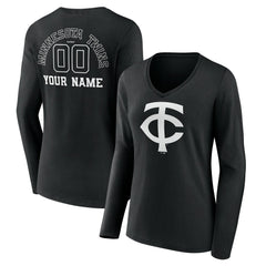 Minnesota Twins Women's Monochrome Personalized Name & Number Long Sleeve V-Neck T-Shirt Black
