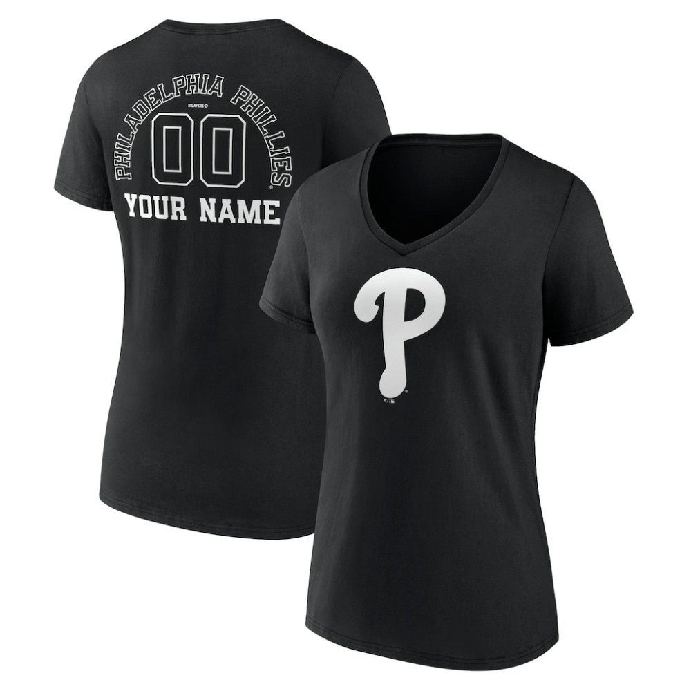 Philadelphia Phillies Women's Monochrome Personalized Name & Number V-Neck T-Shirt Black