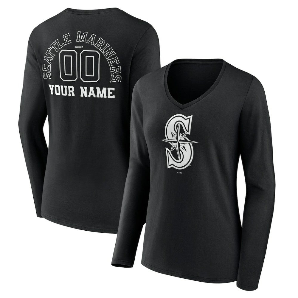Seattle Mariners Women's Monochrome Personalized Name & Number Long Sleeve V-Neck T-Shirt Black
