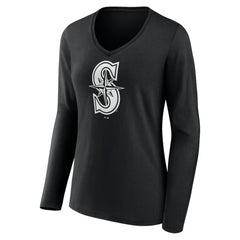 Seattle Mariners Women's Monochrome Personalized Name & Number Long Sleeve V-Neck T-Shirt Black