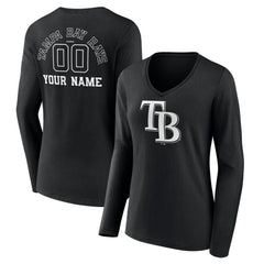 Tampa Bay Rays Women's Monochrome Personalized Name & Number Long Sleeve V-Neck T-Shirt Black