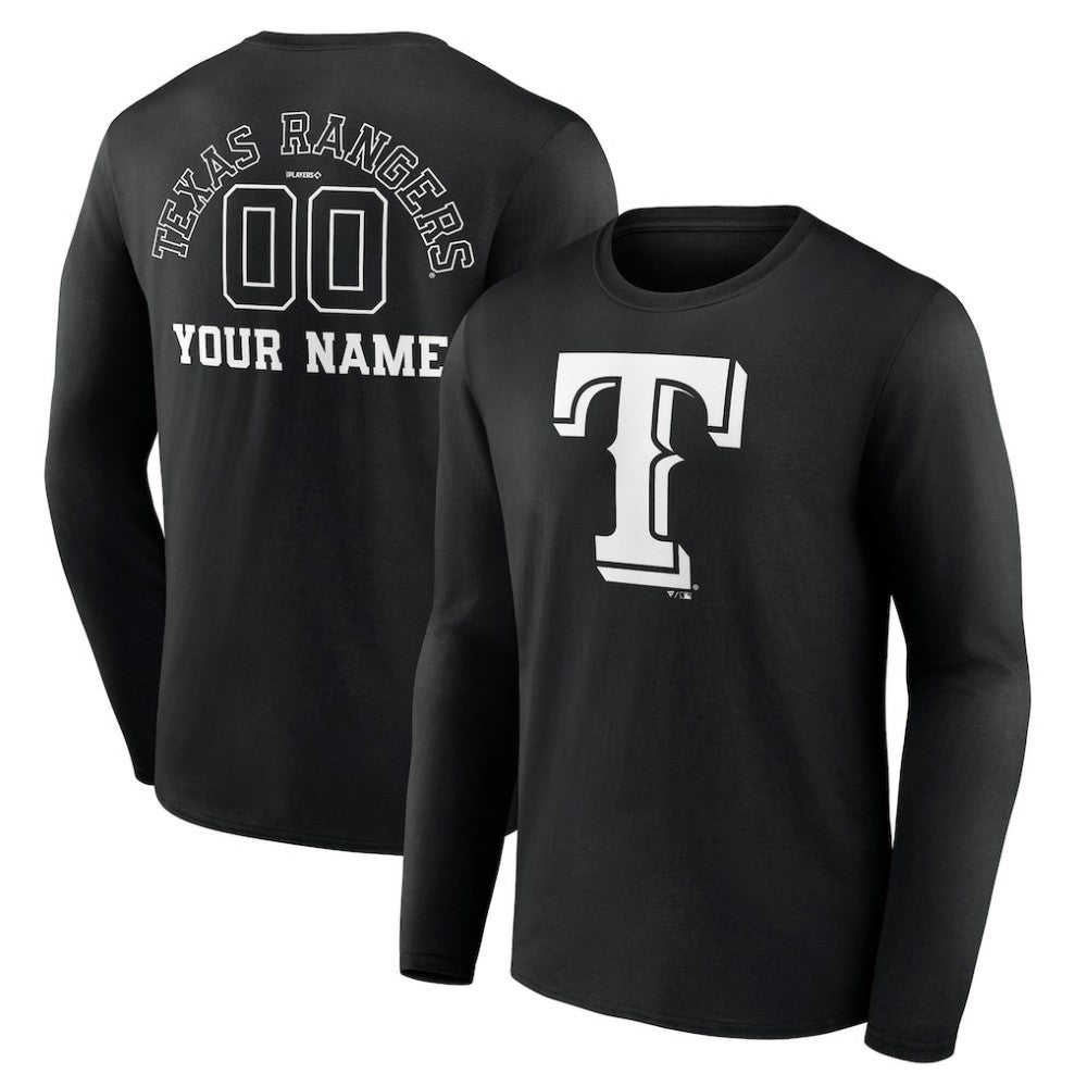 Texas Rangers Monochrome Personalized Name & Number Long Sleeve T-Shirt Black