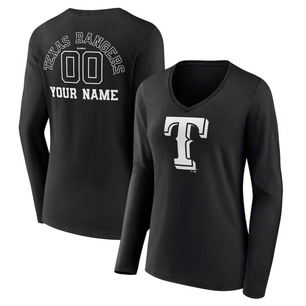 Texas Rangers Women's Monochrome Personalized Name & Number Long Sleeve V-Neck T-Shirt Black