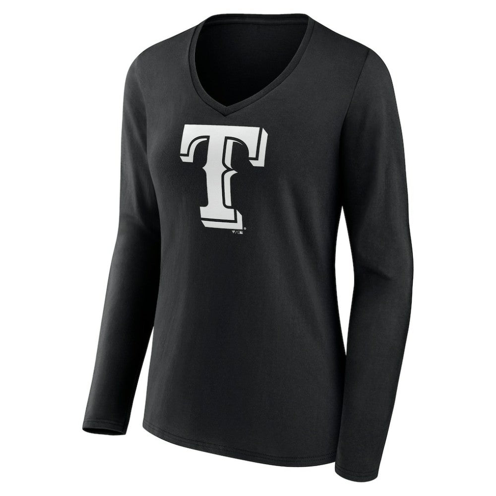 Texas Rangers Women's Monochrome Personalized Name & Number Long Sleeve V-Neck T-Shirt Black