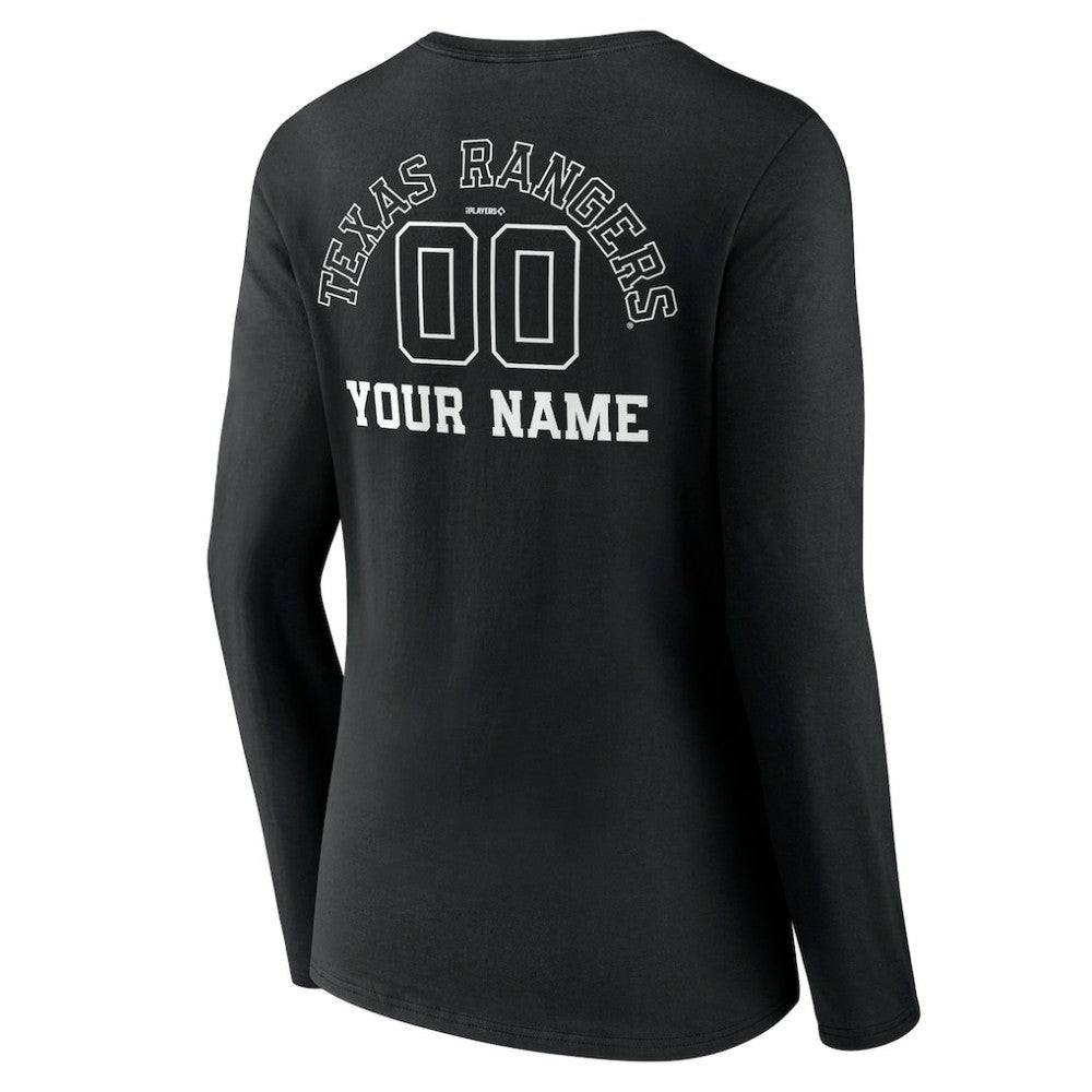 Texas Rangers Women's Monochrome Personalized Name & Number Long Sleeve V-Neck T-Shirt Black
