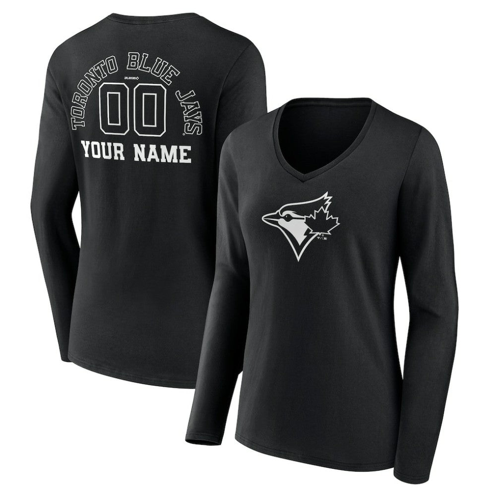 Toronto Blue Jays Women's Monochrome Personalized Name & Number Long Sleeve V-Neck T-Shirt Black