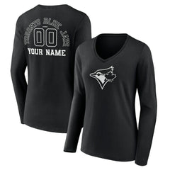 Toronto Blue Jays Women's Monochrome Personalized Name & Number Long Sleeve V-Neck T-Shirt Black