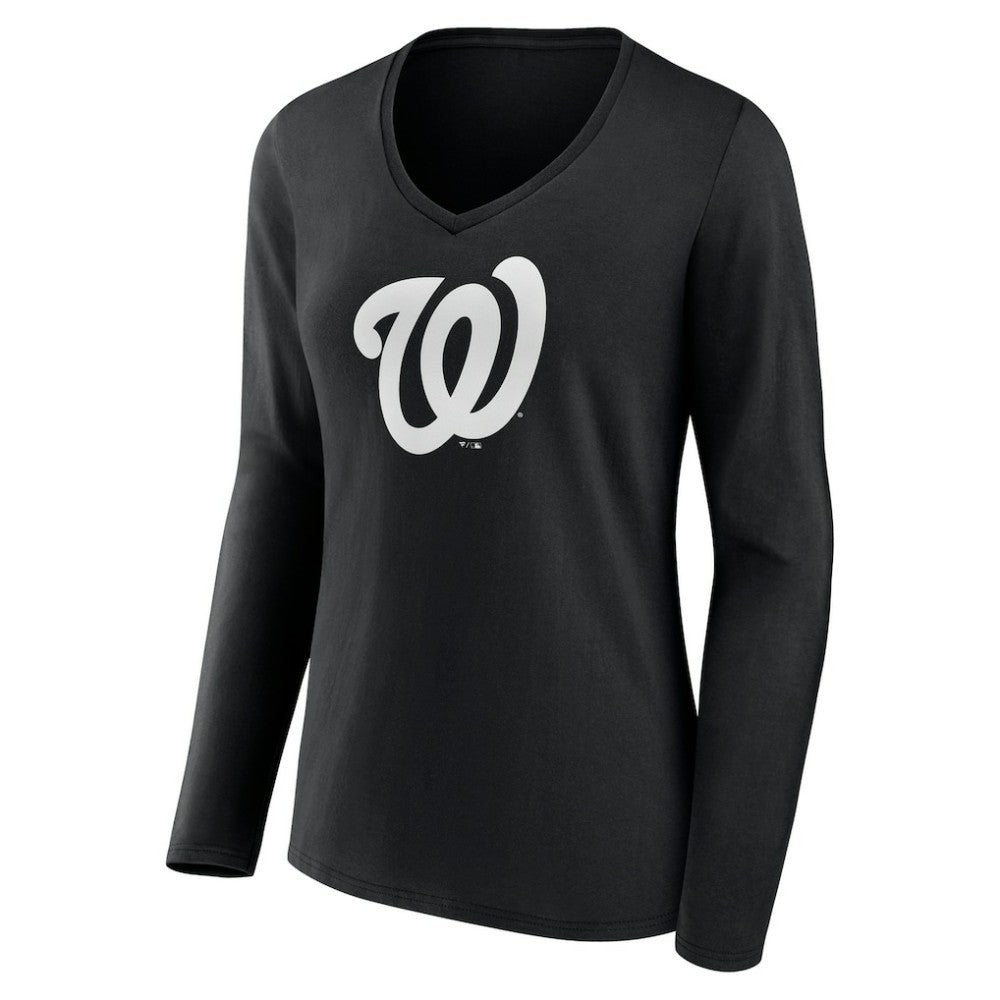 Washington Nationals Women's Monochrome Personalized Name & Number Long Sleeve V-Neck T-Shirt Black