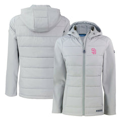 San Diego Padres Cutter & Buck Women's City Connect Evoke Hybrid Eco Softshell Recycled Full-Zip Hoodie Jacket Gray