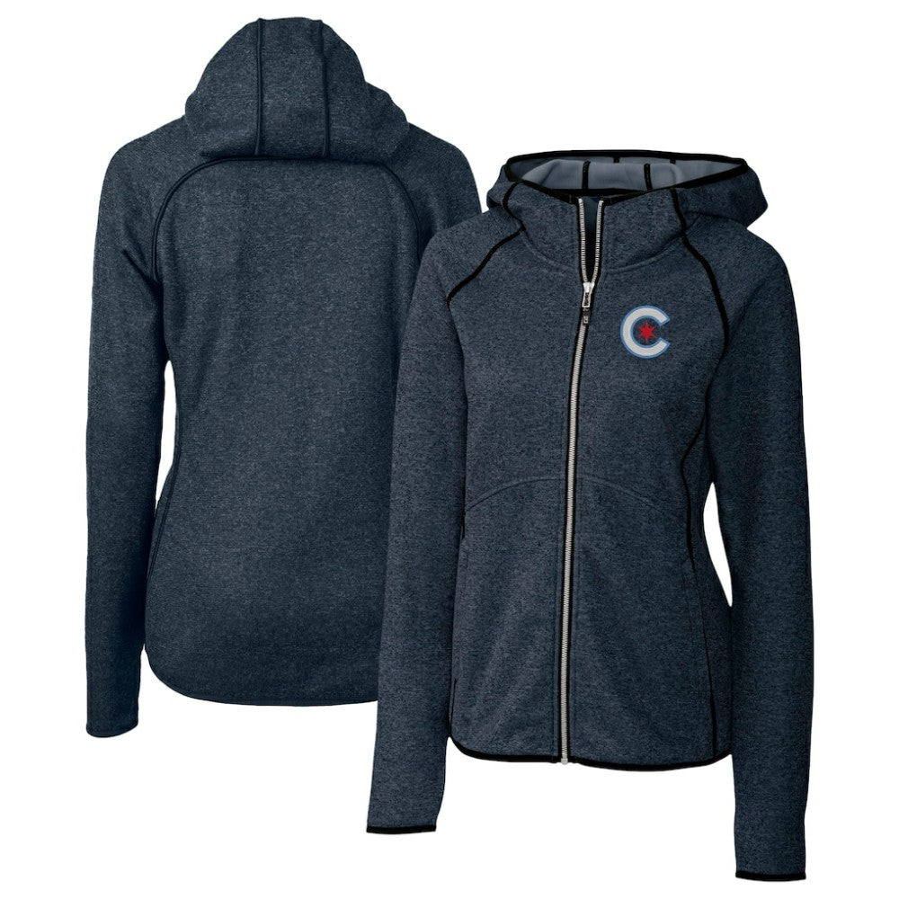 Chicago Cubs Cutter & Buck Women's City Connect Mainsail Full-Zip Hooded Jacket Heather Navy