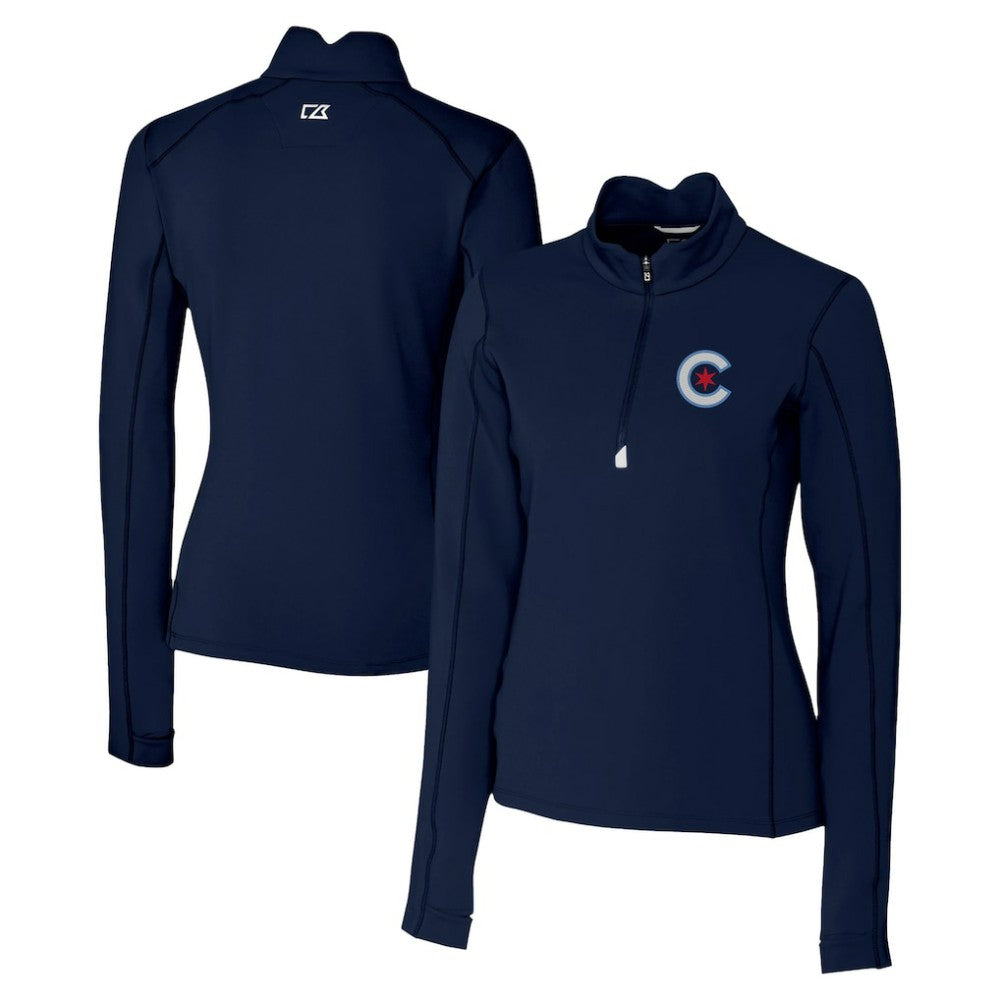 Chicago Cubs Cutter & Buck Women's City Connect Traverse Stretch Quarter-Zip Pullover Top Navy