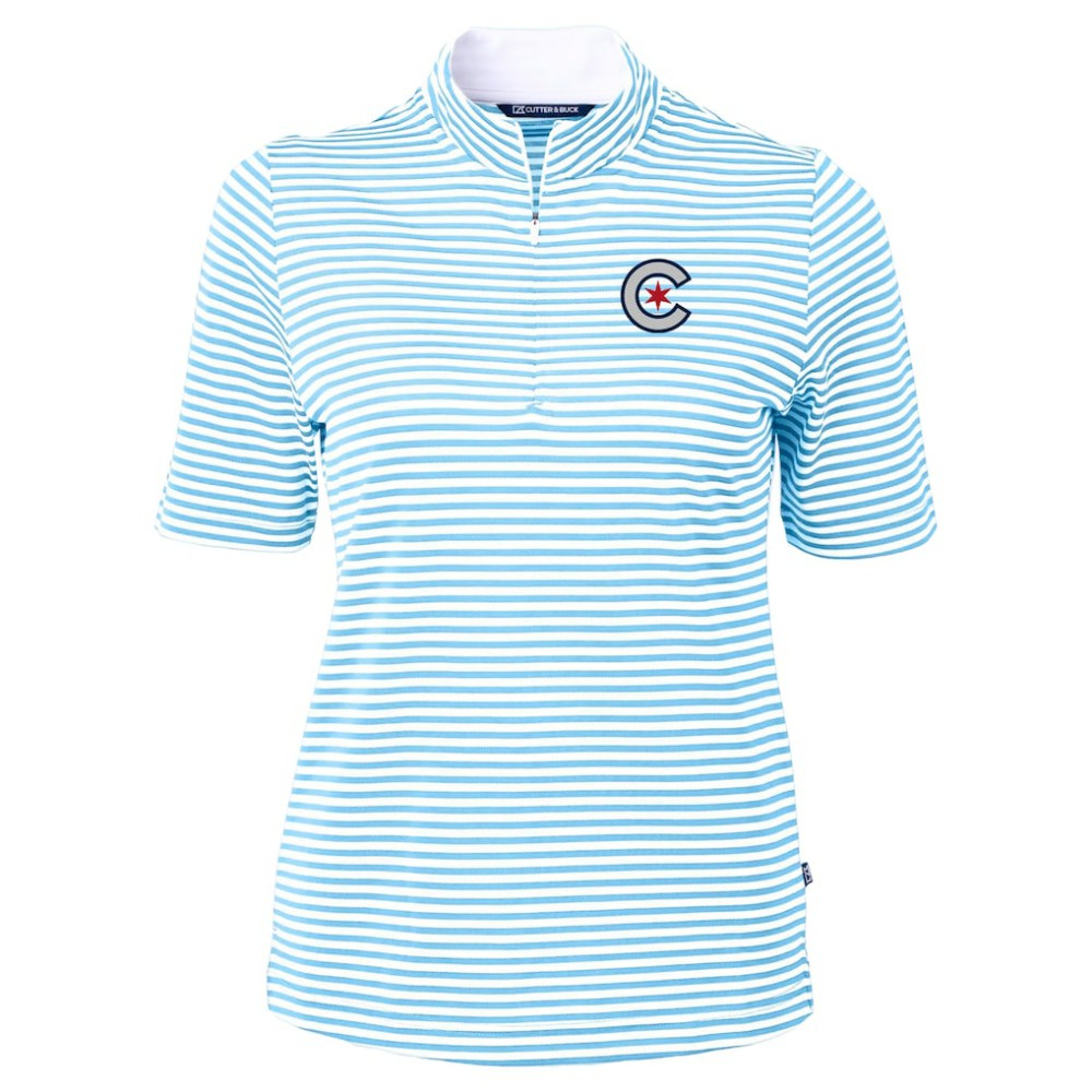 Chicago Cubs Cutter & Buck Women's City Connect Virtue Eco Pique Stripe Recycled Top Powder Blue