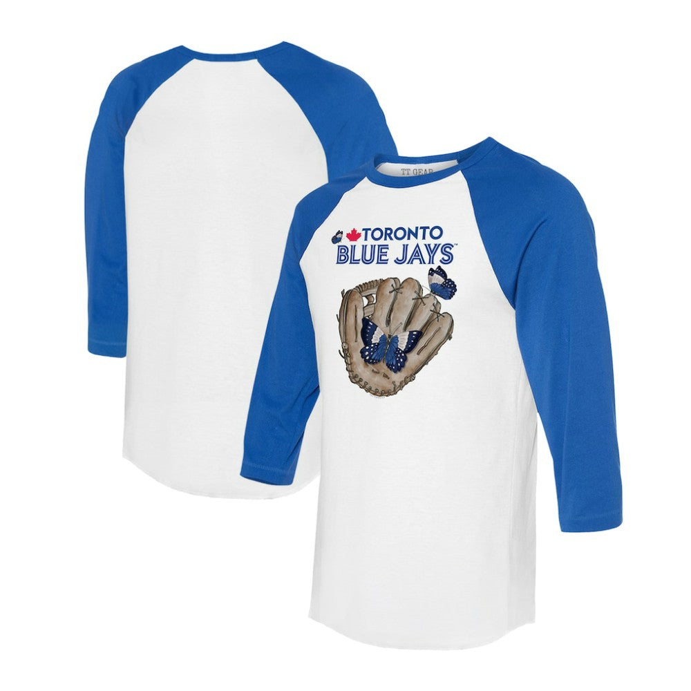 Toronto Blue Jays Tiny Turnip Unisex Butterfly Glove 3/4-Sleeve Raglan T-Shirt White/Royal