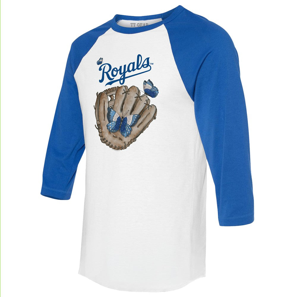 Kansas City Royals Tiny Turnip Unisex Butterfly Glove 3/4-Sleeve Raglan T-Shirt White/Royal