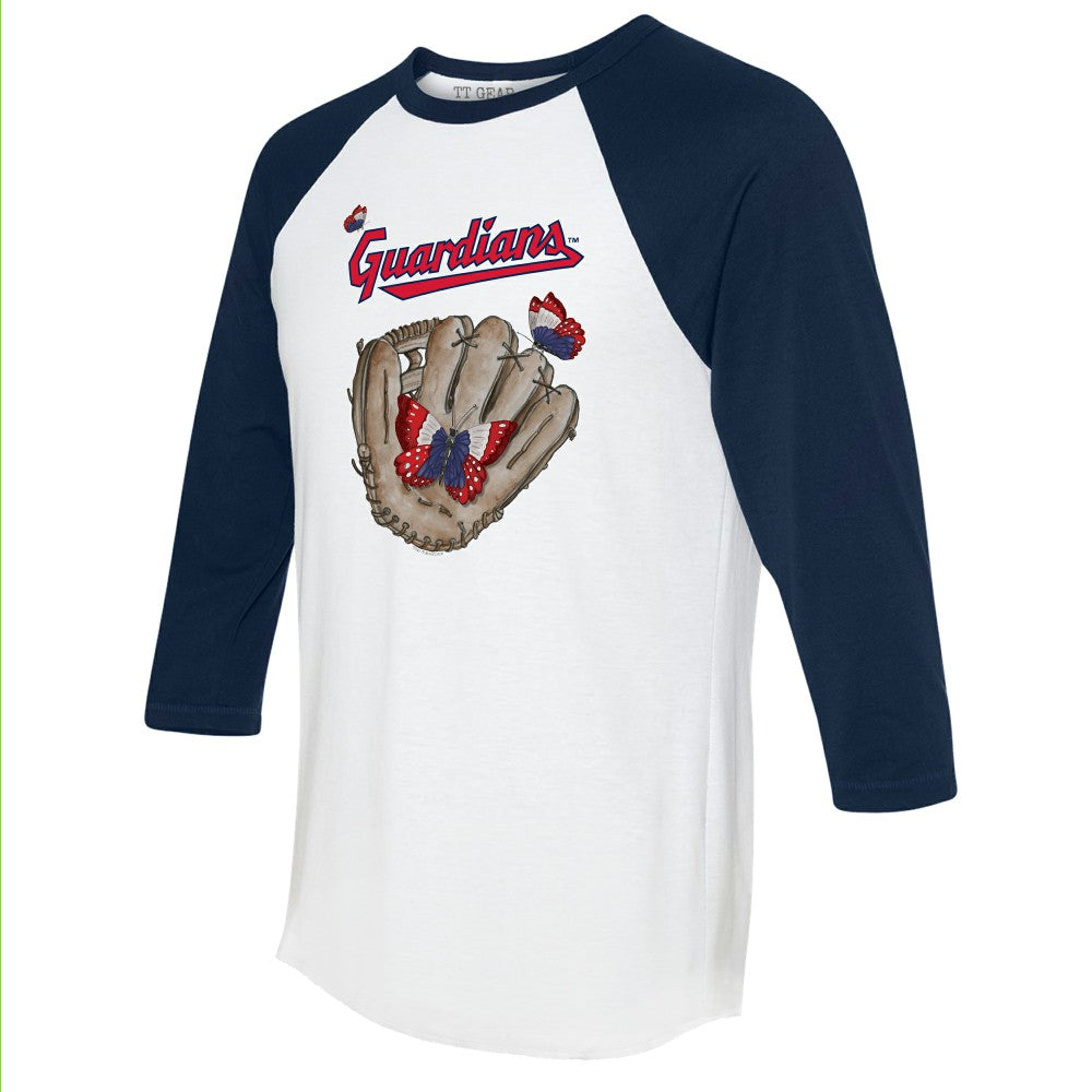 Cleveland Guardians Tiny Turnip Unisex Butterfly Glove 3/4-Sleeve Raglan T-Shirt White/Navy
