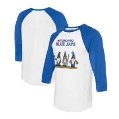 Toronto Blue Jays Tiny Turnip Unisex Gnomes 3/4-Sleeve Raglan T-Shirt White/Royal