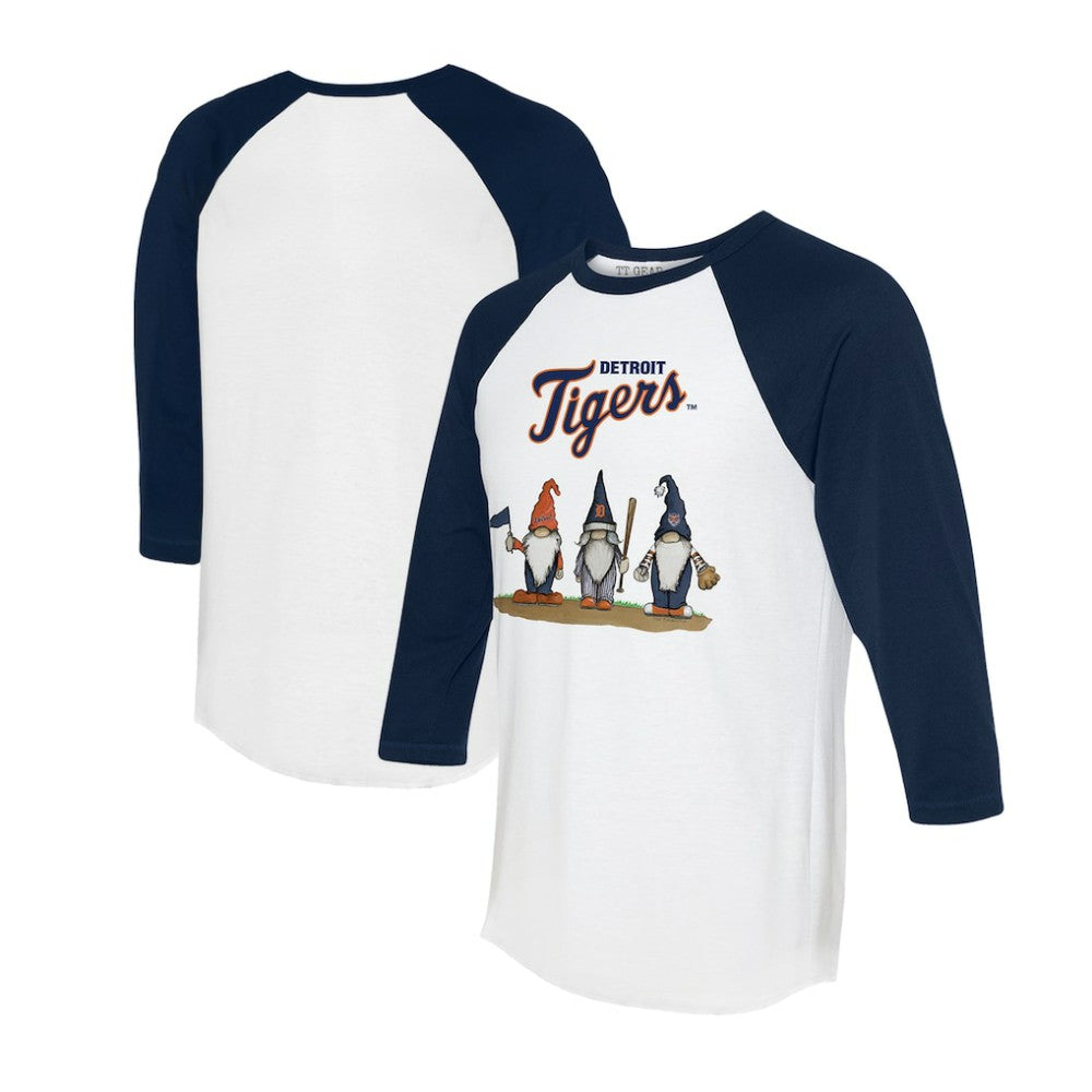 Detroit Tigers Tiny Turnip Unisex Gnomes 3/4-Sleeve Raglan T-Shirt White/Navy