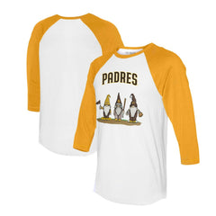 San Diego Padres Tiny Turnip Unisex Gnomes 3/4-Sleeve Raglan T-Shirt White/Gold