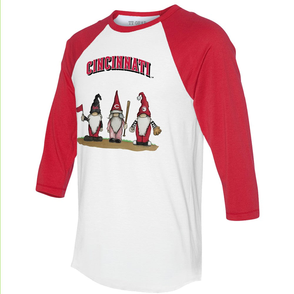 Cincinnati Reds Tiny Turnip Unisex Gnomes 3/4-Sleeve Raglan T-Shirt White/Red