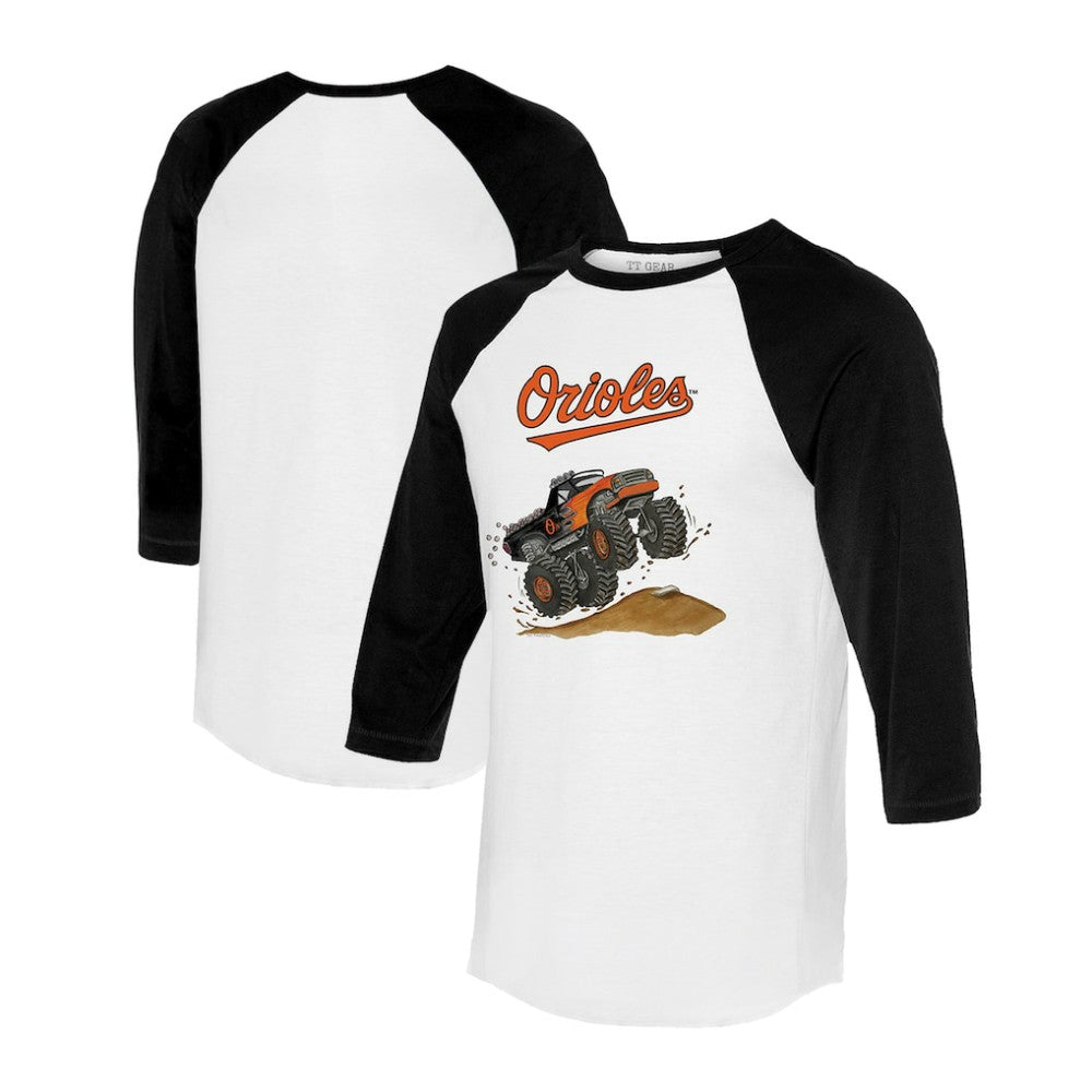 Baltimore Orioles Tiny Turnip Unisex Monster Truck 3/4-Sleeve Raglan T-Shirt White/Black