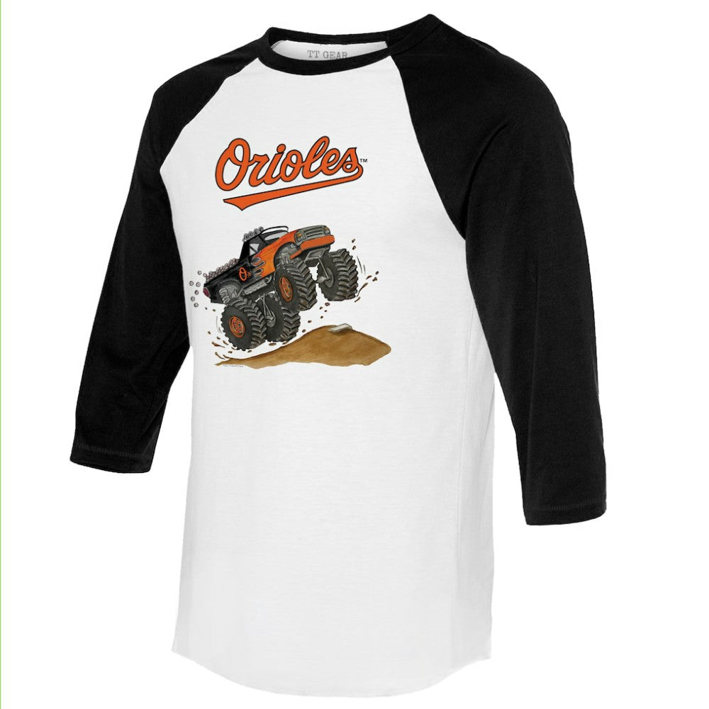 Baltimore Orioles Tiny Turnip Unisex Monster Truck 3/4-Sleeve Raglan T-Shirt White/Black