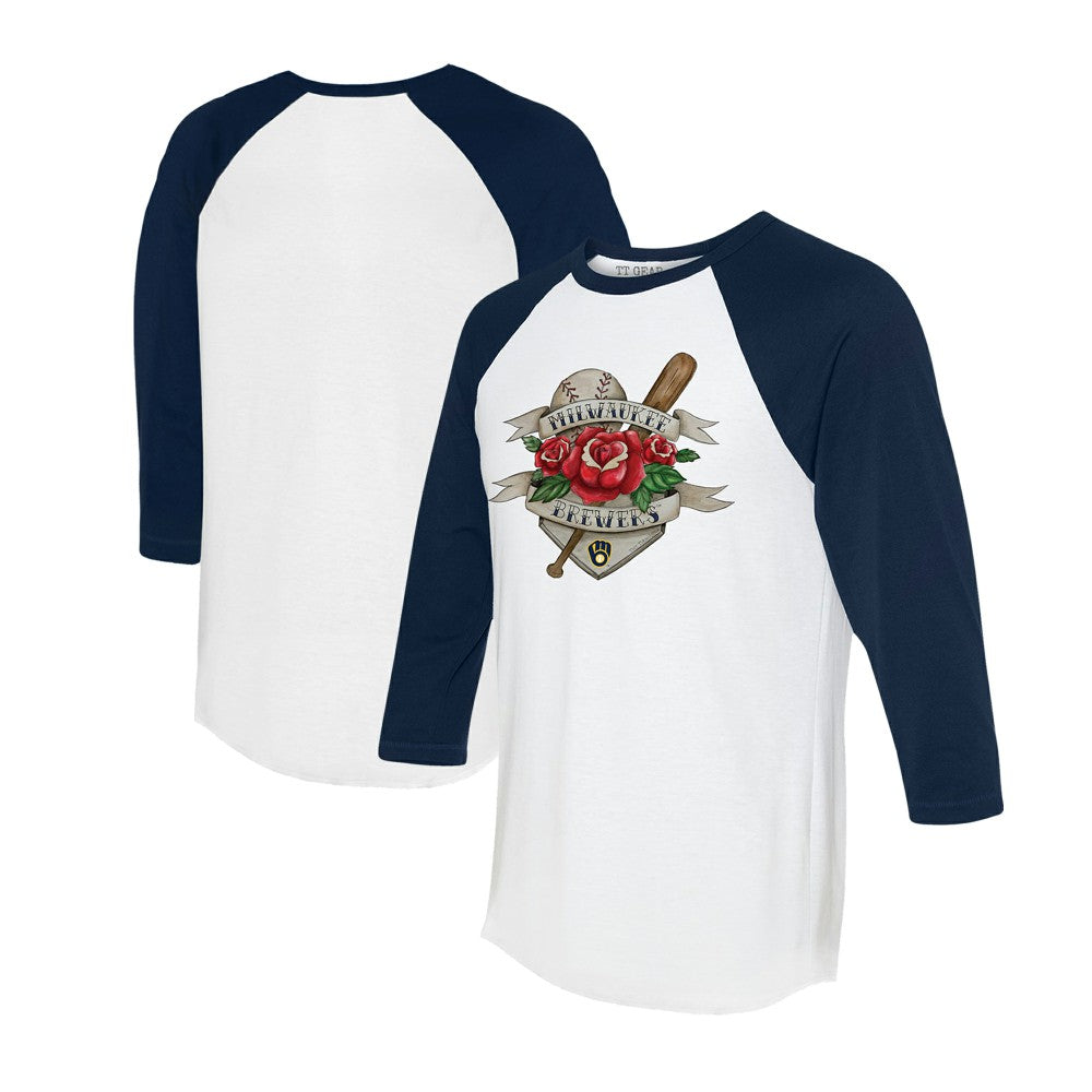 Milwaukee Brewers Tiny Turnip Unisex Tattoo Rose 3/4-Sleeve Raglan T-Shirt White/Navy