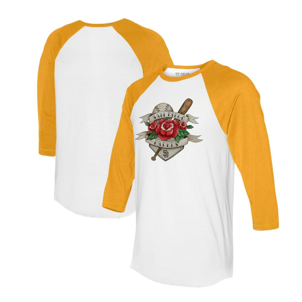San Diego Padres Tiny Turnip Unisex Tattoo Rose 3/4-Sleeve Raglan T-Shirt White/Gold