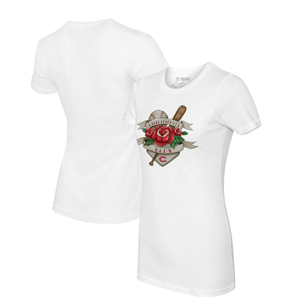Cincinnati Reds Tiny Turnip Women's Tattoo Rose T-Shirt White
