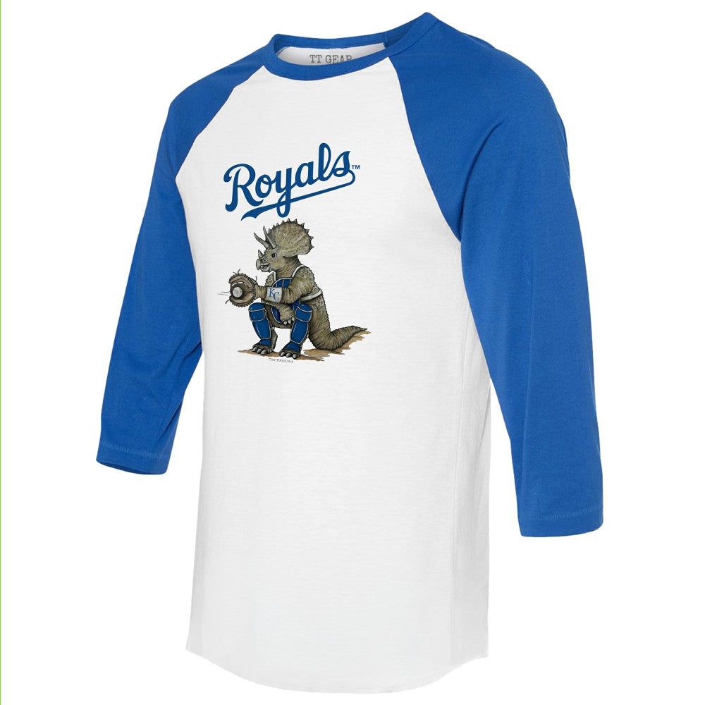 Kansas City Royals Tiny Turnip Unisex Triceratops 3/4-Sleeve Raglan T-Shirt White/Royal
