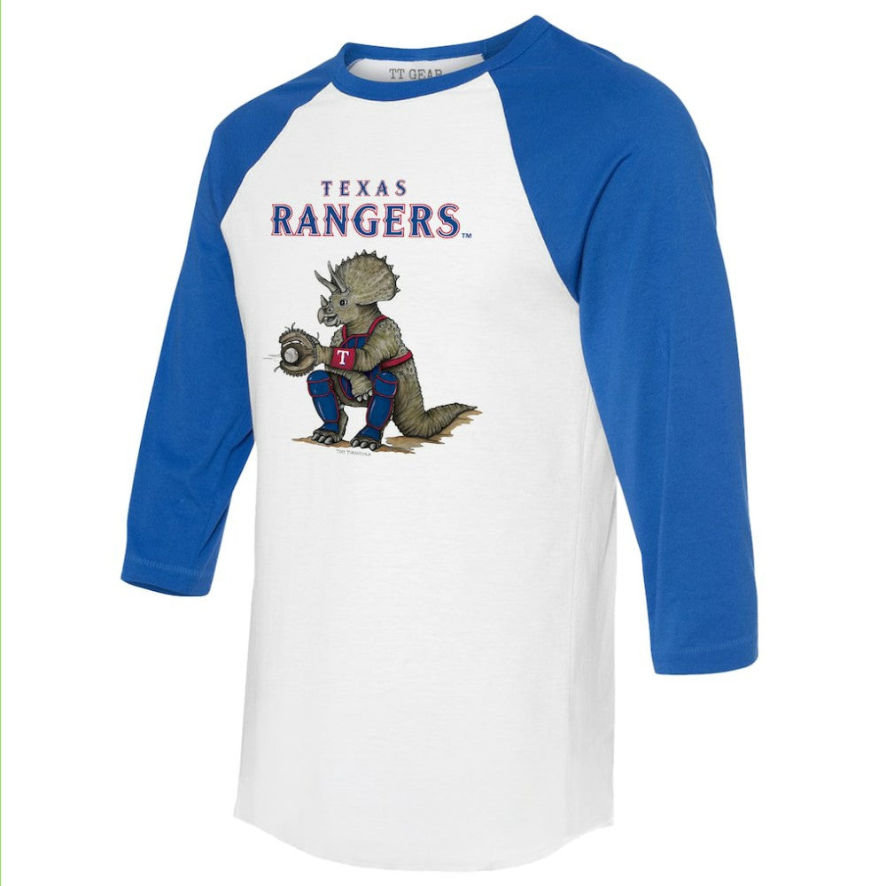 Texas Rangers Tiny Turnip Unisex Triceratops 3/4-Sleeve Raglan T-Shirt White/Royal