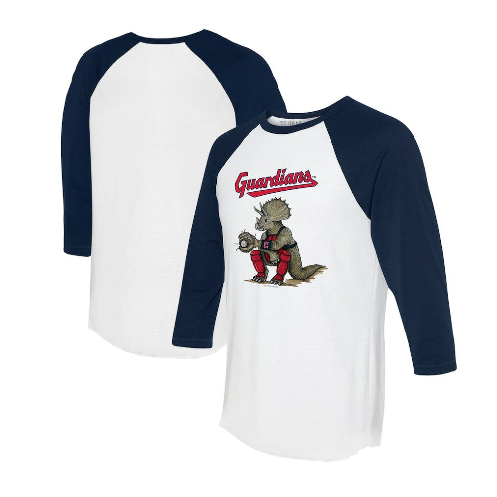 Cleveland Guardians Tiny Turnip Unisex Triceratops 3/4-Sleeve Raglan T-Shirt White/Navy