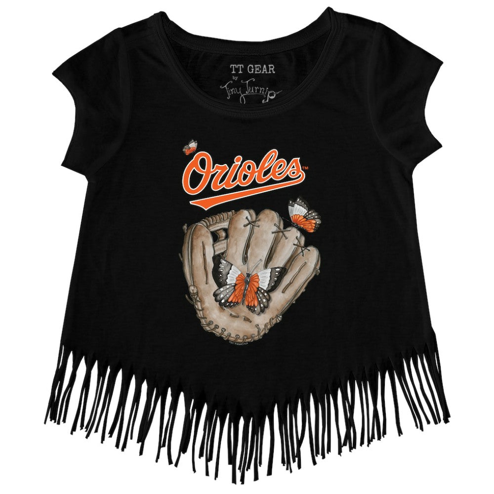 Baltimore Orioles Tiny Turnip Girls Youth Butterfly Glove Fringe T-Shirt Black