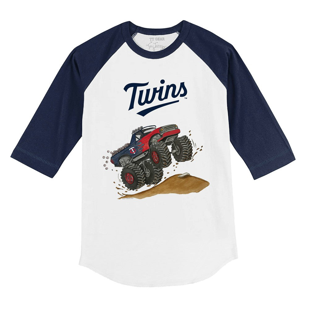 Minnesota Twins Tiny Turnip Youth Monster Truck 3/4-Sleeve Raglan T-Shirt White/Navy