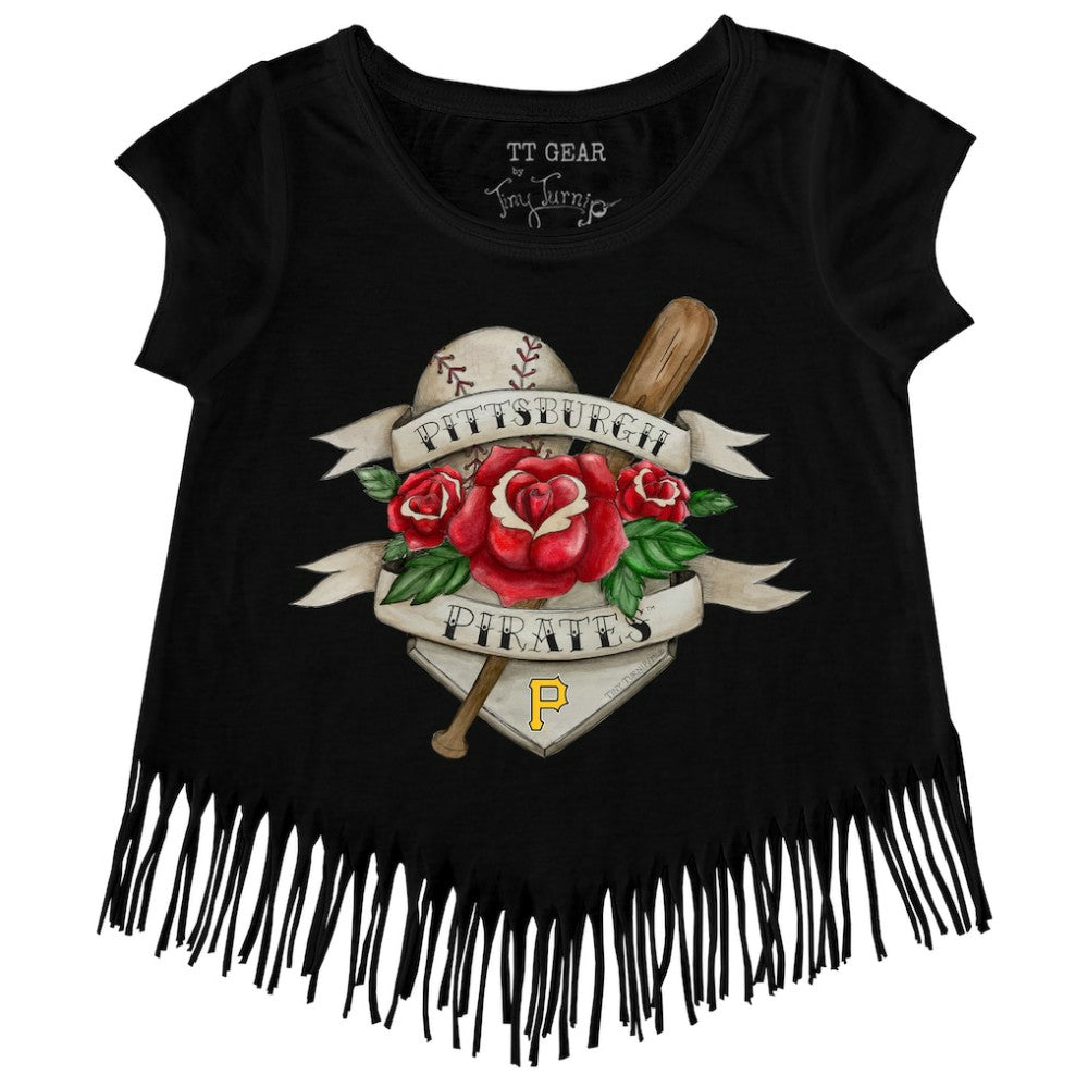 Pittsburgh Pirates Tiny Turnip Girls Youth Tattoo Rose Fringe T-Shirt Black