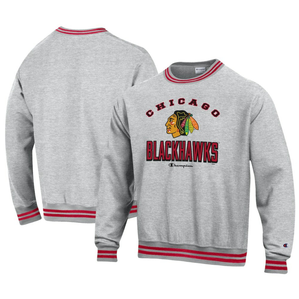 Chicago Blackhawks Champion Reverse Weave Yarn Dye Pullover Sweatshirt - Heather Gray Sweatshirts