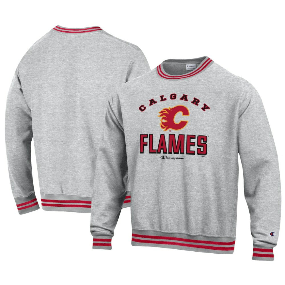 Calgary Flames Champion Reverse Weave Yarn Dye Pullover Sweatshirt - Heather Gray Sweatshirts