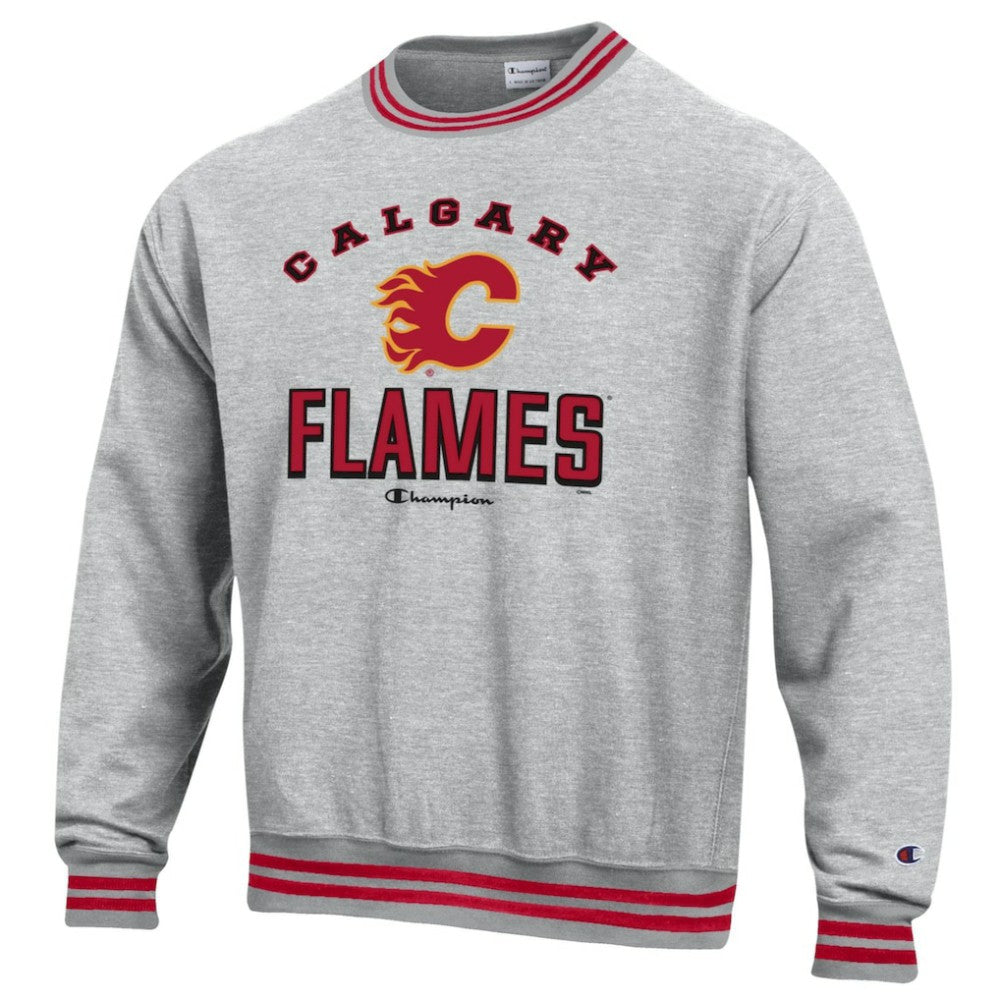 Calgary Flames Champion Reverse Weave Yarn Dye Pullover Sweatshirt - Heather Gray Sweatshirts