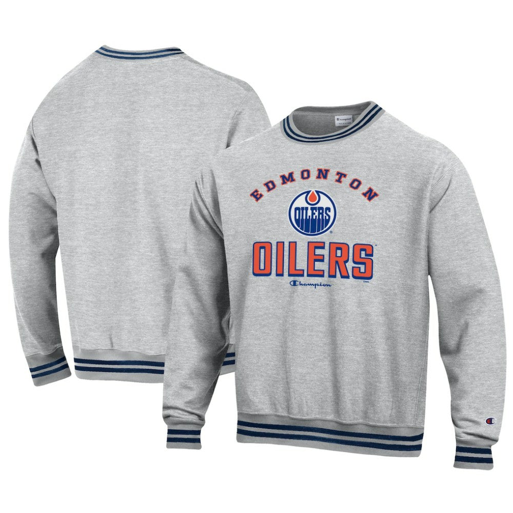 Edmonton Oilers Champion Reverse Weave Yarn Dye Pullover Sweatshirt - Heather Gray Sweatshirts