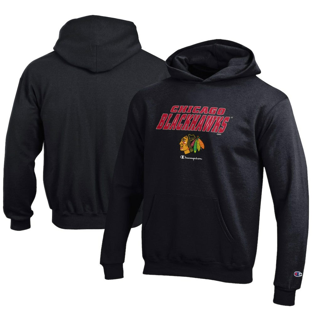 Chicago Blackhawks Champion Youth Eco Powerblend Pullover Hoodie - Black Hoodies