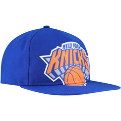 New York Knicks Oversized Puff Print Logo Golfer Snapback Hat - Blue for sale