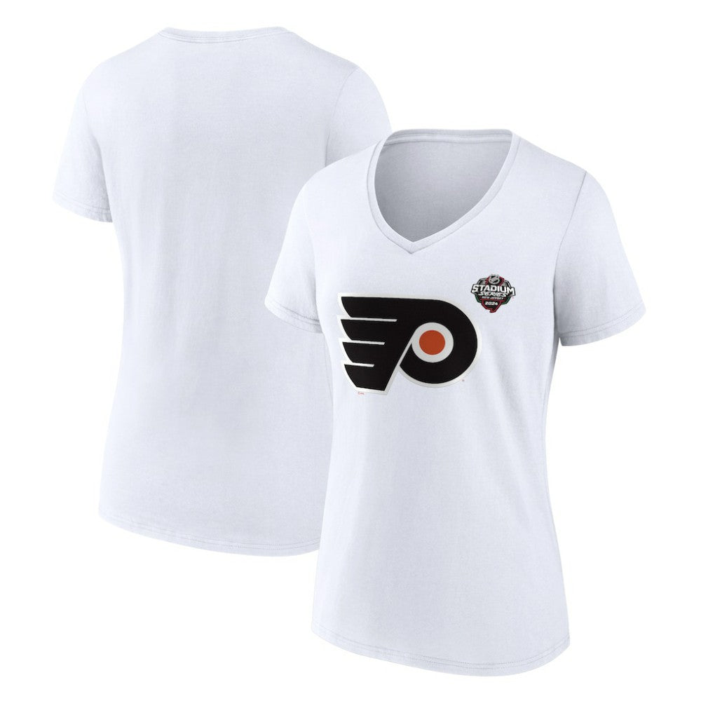Philadelphia Flyers Fanatics Women's 2024 NHL Stadium Series Logo V-Neck T-shirt - White T-shirts
