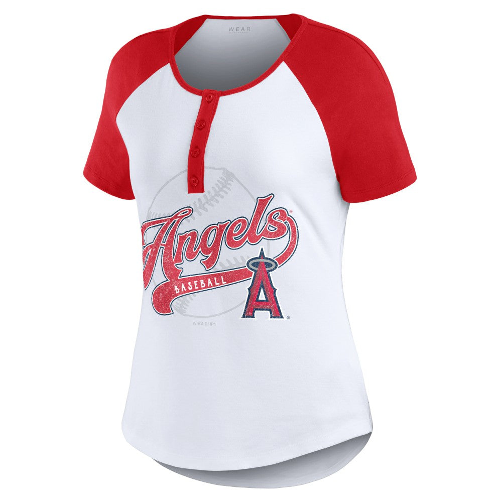 Los Angeles Angels WEAR by Erin Andrews Women's Fitted Henley Raglan T-Shirt White/Red
