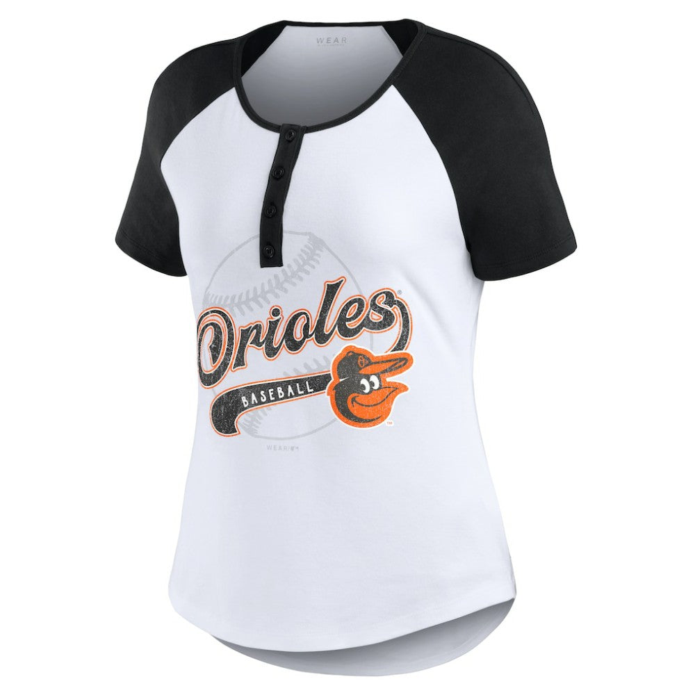 Baltimore Orioles WEAR by Erin Andrews Women's Fitted Henley Raglan T-Shirt White/Black