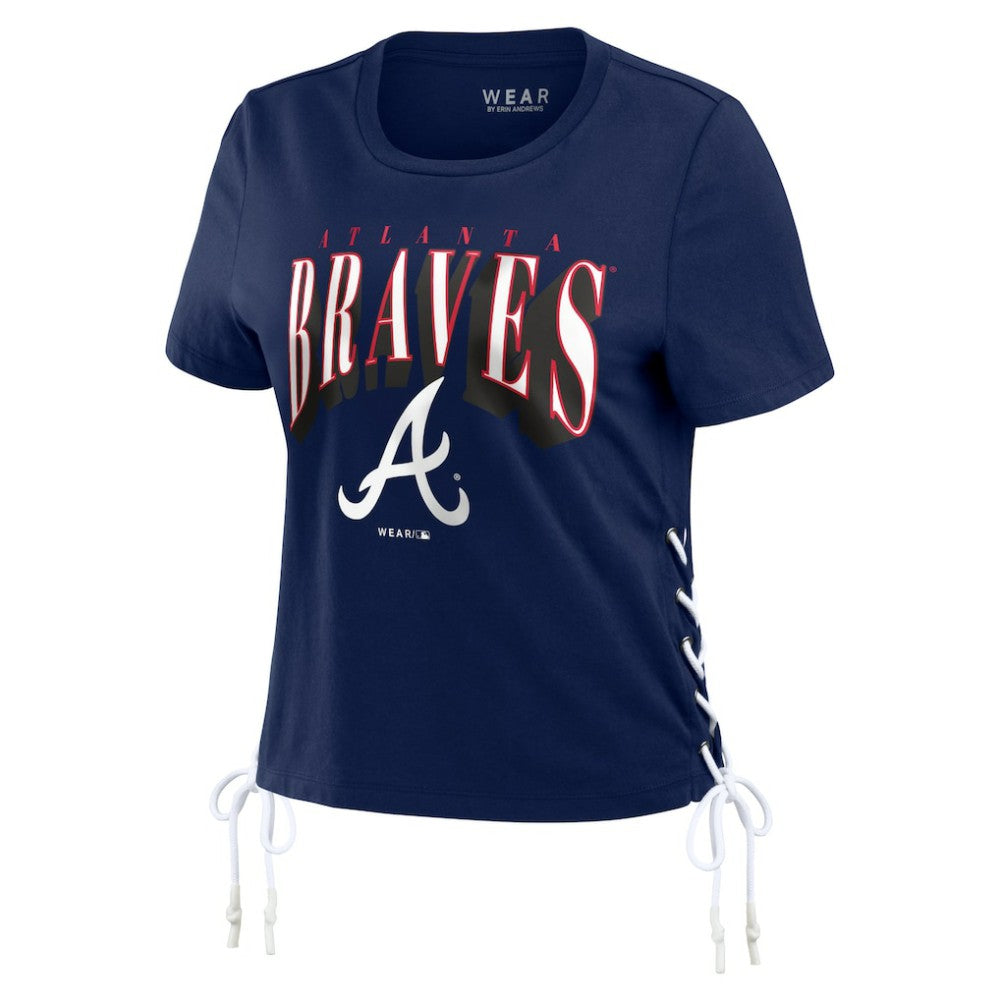 Atlanta Braves WEAR by Erin Andrews Women's Side Lace-Up Cropped T-Shirt Navy