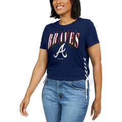 Atlanta Braves WEAR by Erin Andrews Women's Side Lace-Up Cropped T-Shirt Navy