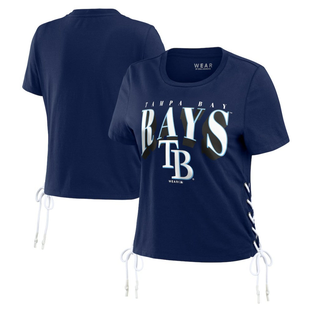 Tampa Bay Rays WEAR by Erin Andrews Women's Side Lace-Up Cropped T-Shirt Navy