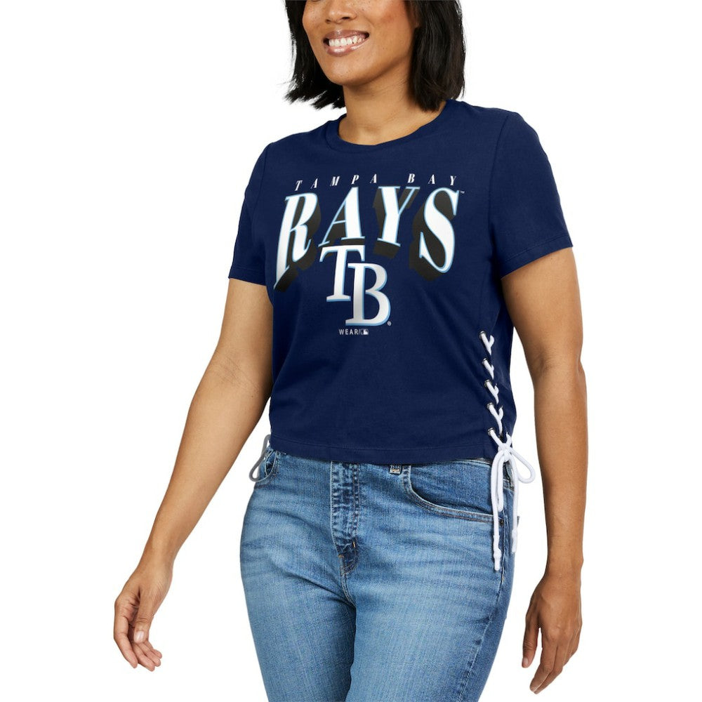 Tampa Bay Rays WEAR by Erin Andrews Women's Side Lace-Up Cropped T-Shirt Navy